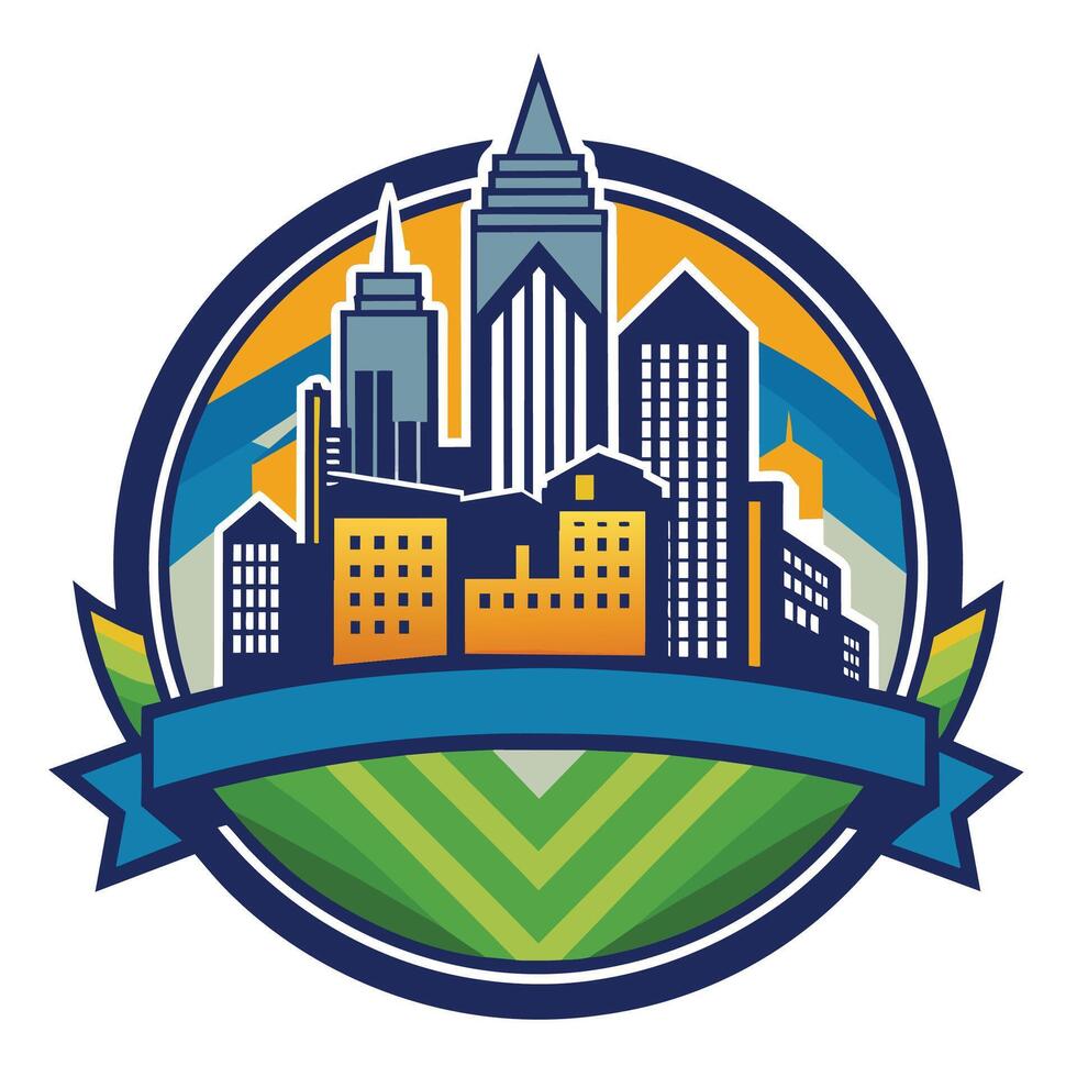 Cityscape Logo Featuring Tall Buildings and Green Field vector