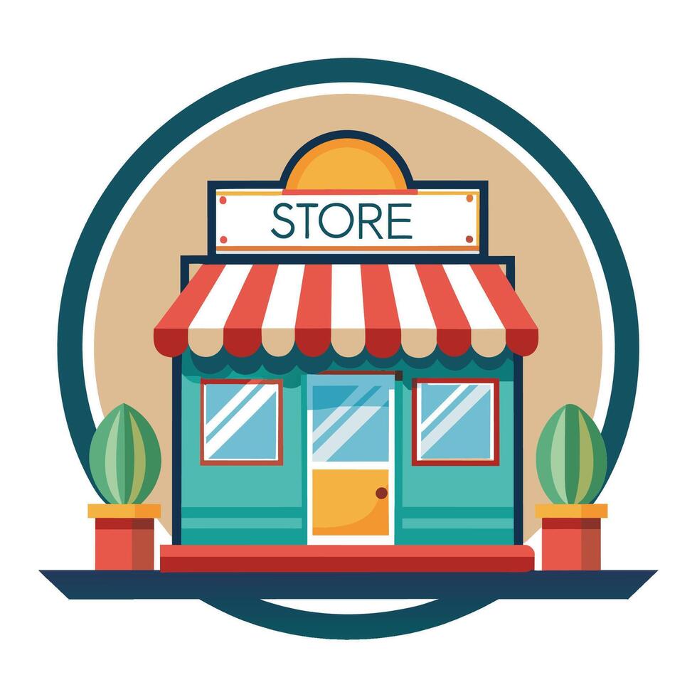 Illustrated Cartoon Front Of A Store With Red And White Striped Awning vector