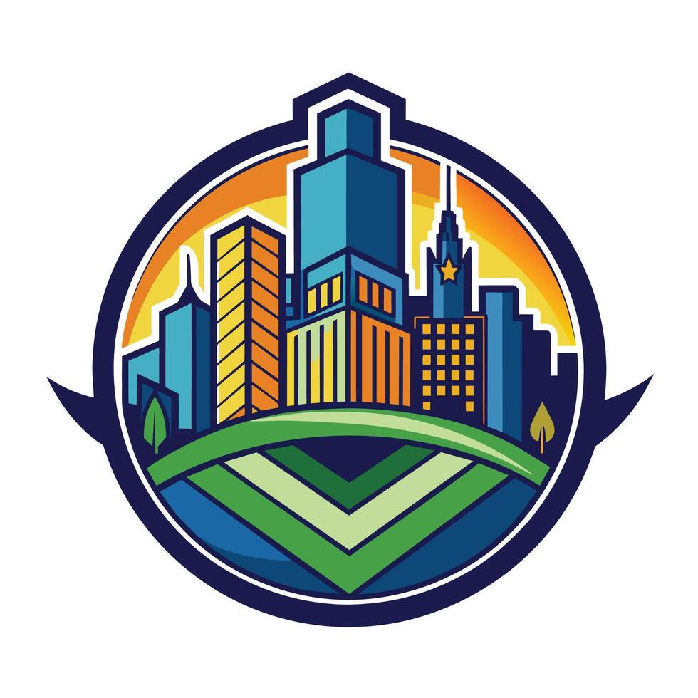Colorful Cityscape Illustration With Sunset and Green Landscape vector