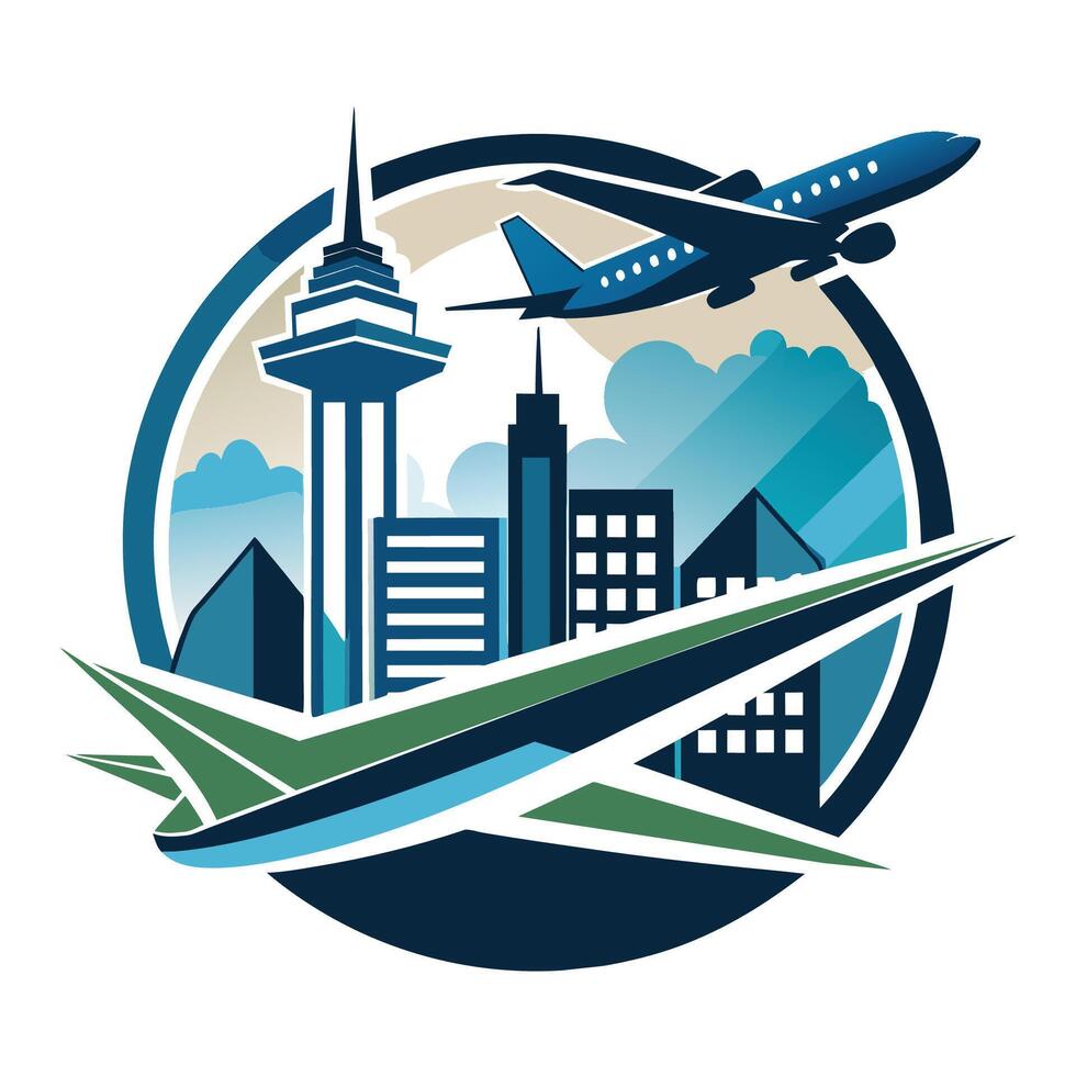 City Skyline With Airplane Flying Over Cityscape vector