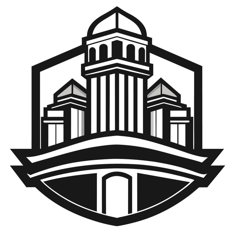 Black And White Cityscape Icon Featuring Three Buildings And A Bridge vector