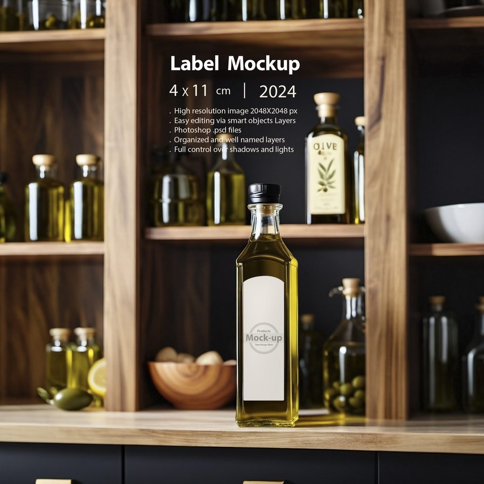 Olive oil glass bottle in a kitchen counter top psd