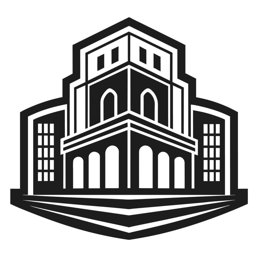 Black And White Illustration Of A Multi-Story Building With Arched Windows vector