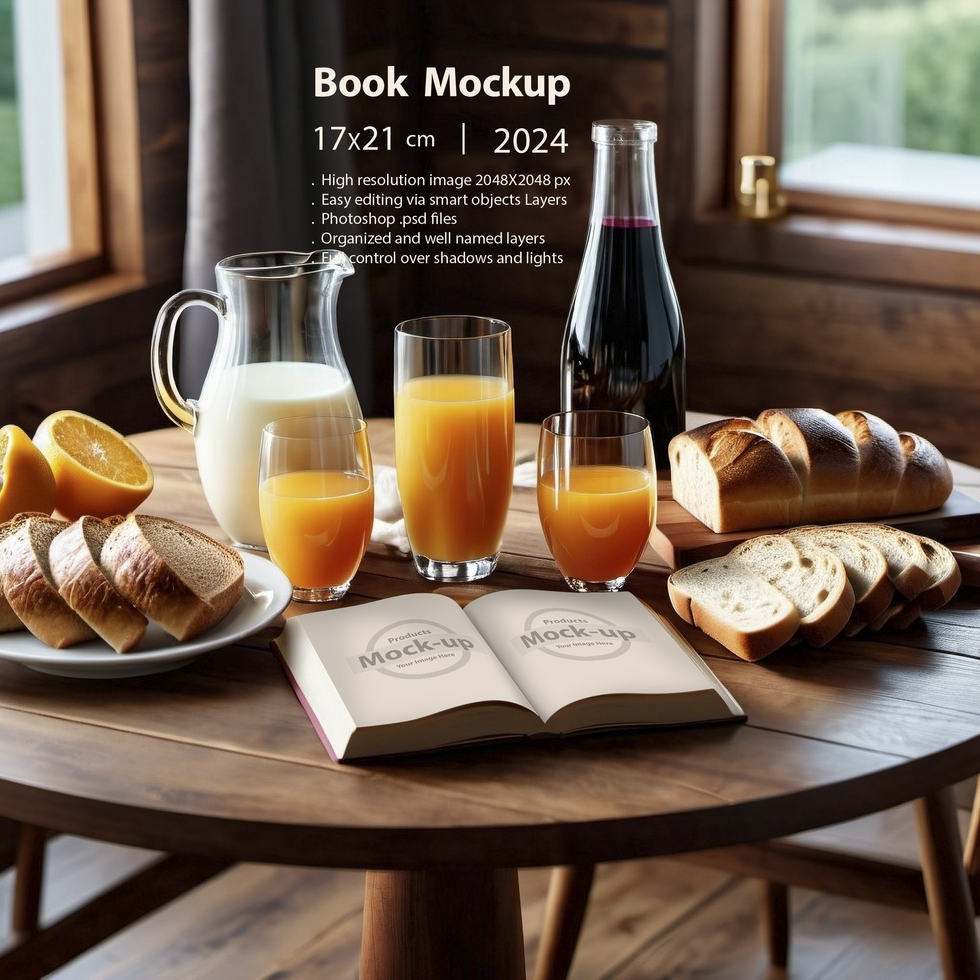 Opened book on a breakfast table psd