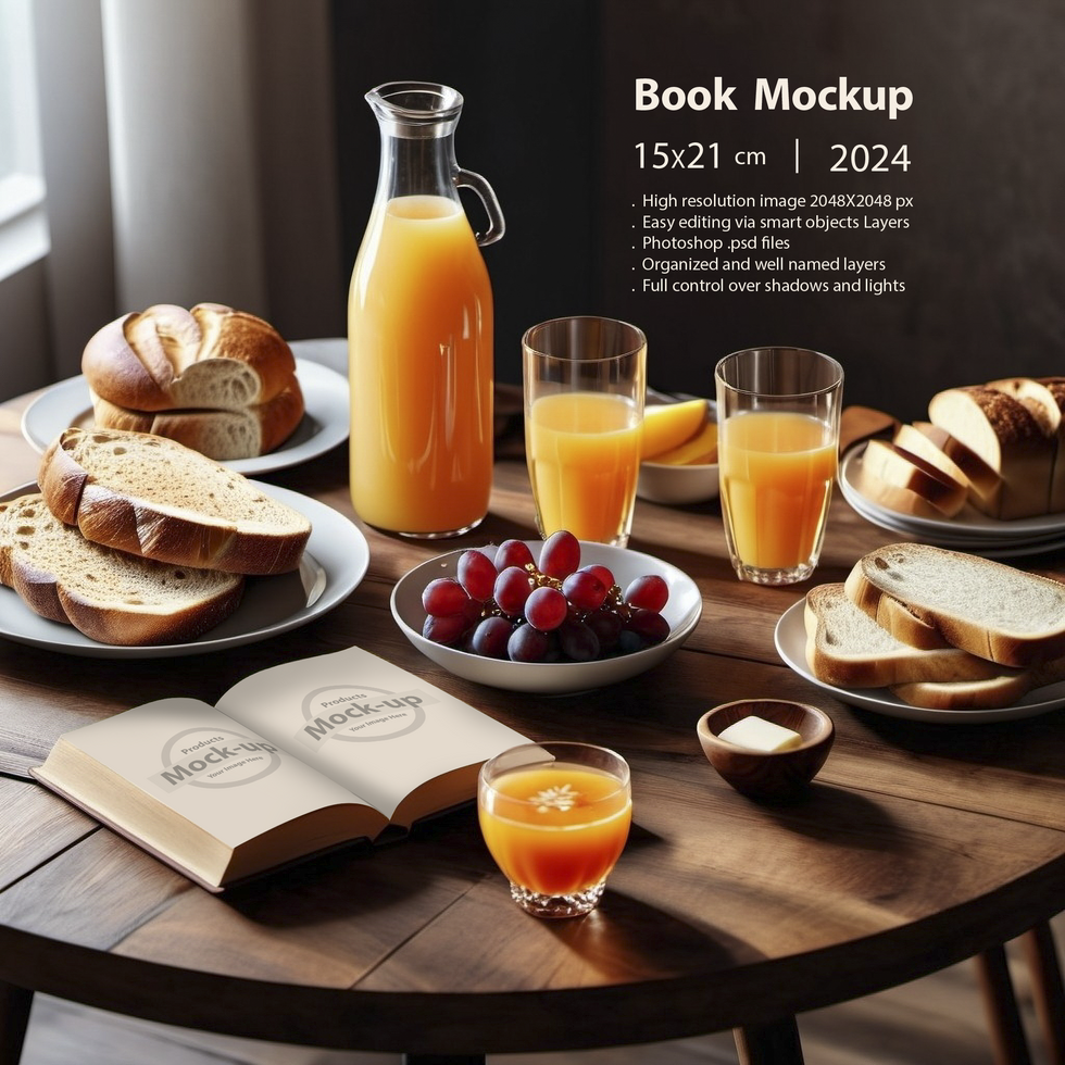 Opened book on a breakfast table psd