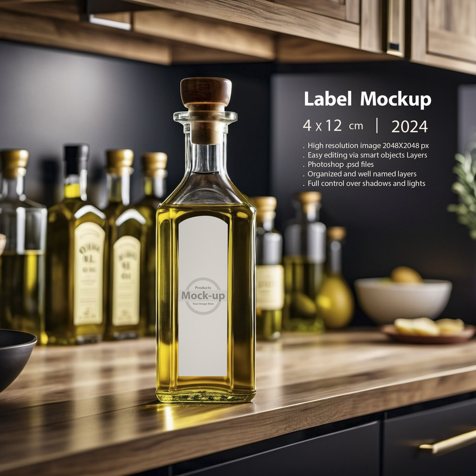 Olive oil glass bottle in a kitchen counter psd
