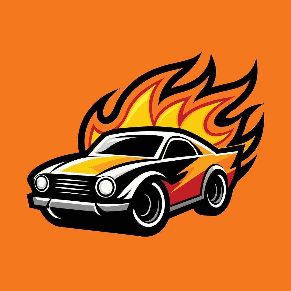 Black And Yellow Vintage Car Illustration With Flames vector