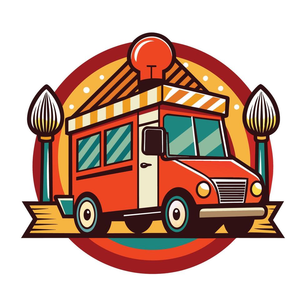 Red Food Truck Illustration With Striped Awning and Light Bulb vector