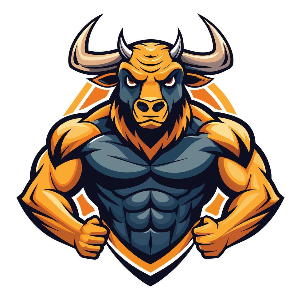 Muscular Bull Mascot With Orange Horns and Blue Torso vector