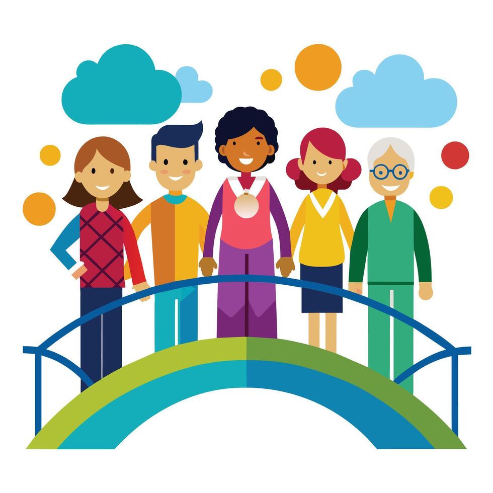 Diverse Group Standing On Rainbow Bridge vector