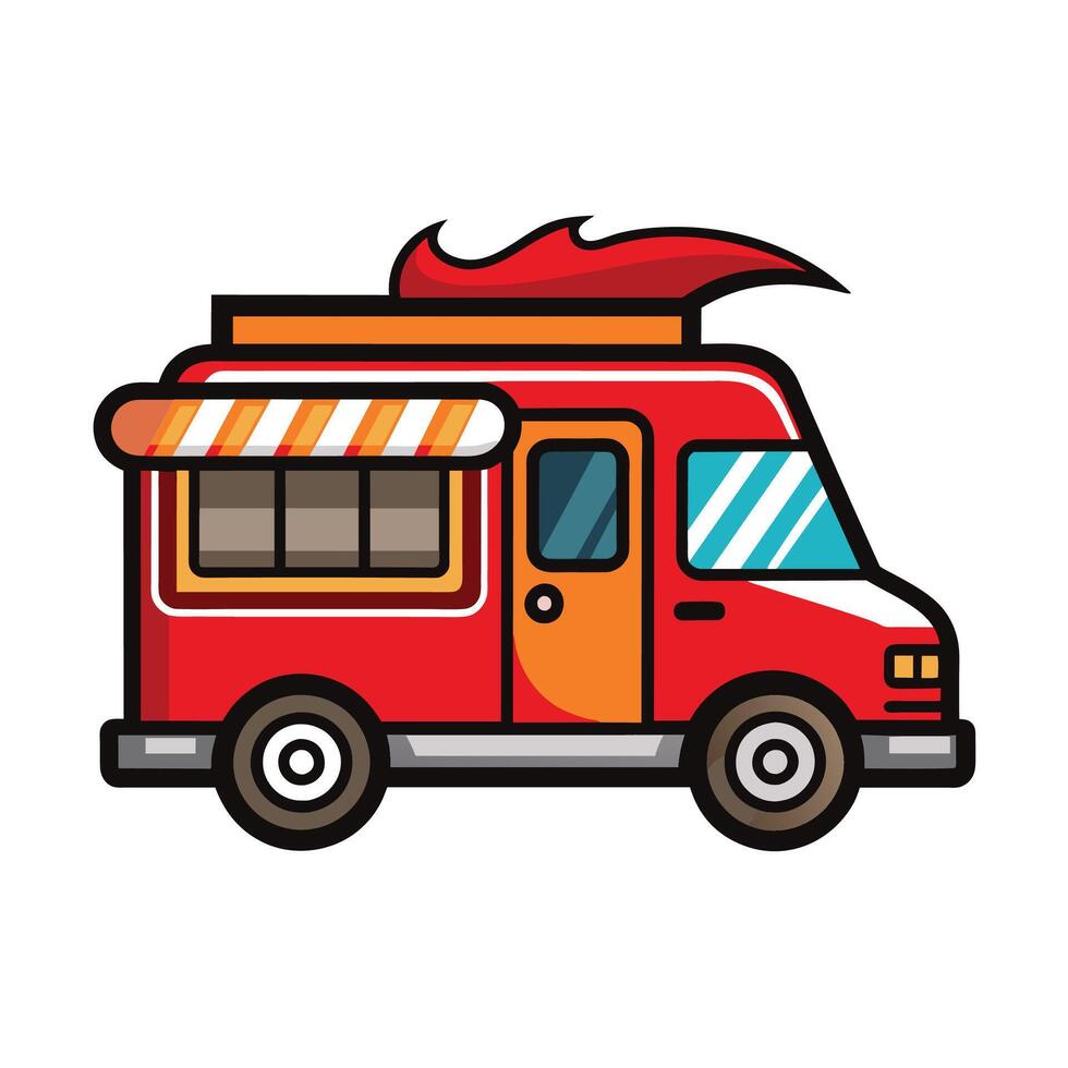 Red Food Truck With Flame Design and Striped Awning vector