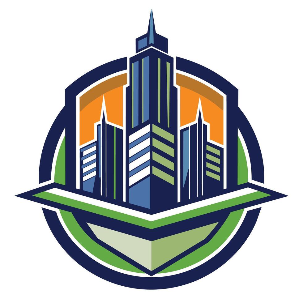 Colorful City Skyline Logo With Shield and Green Base vector