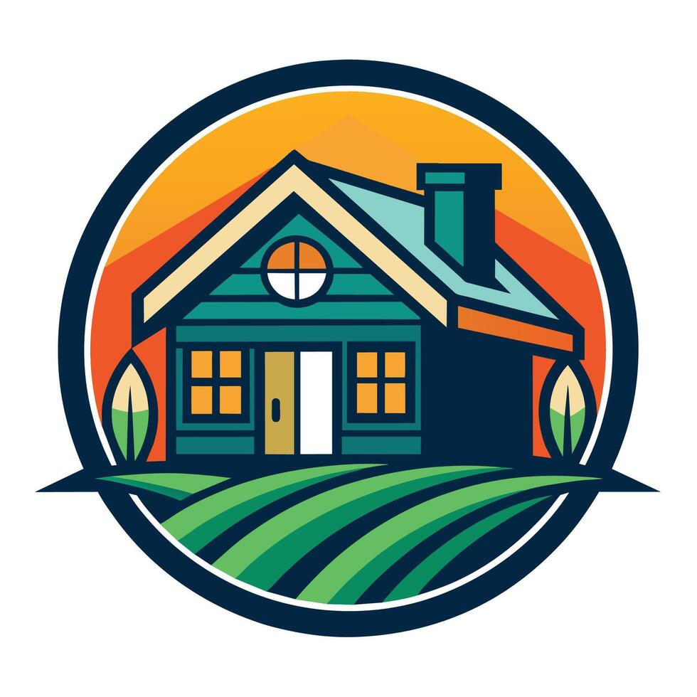 A Green House With a Red Roof and Yellow Door in a Field at Sunset vector