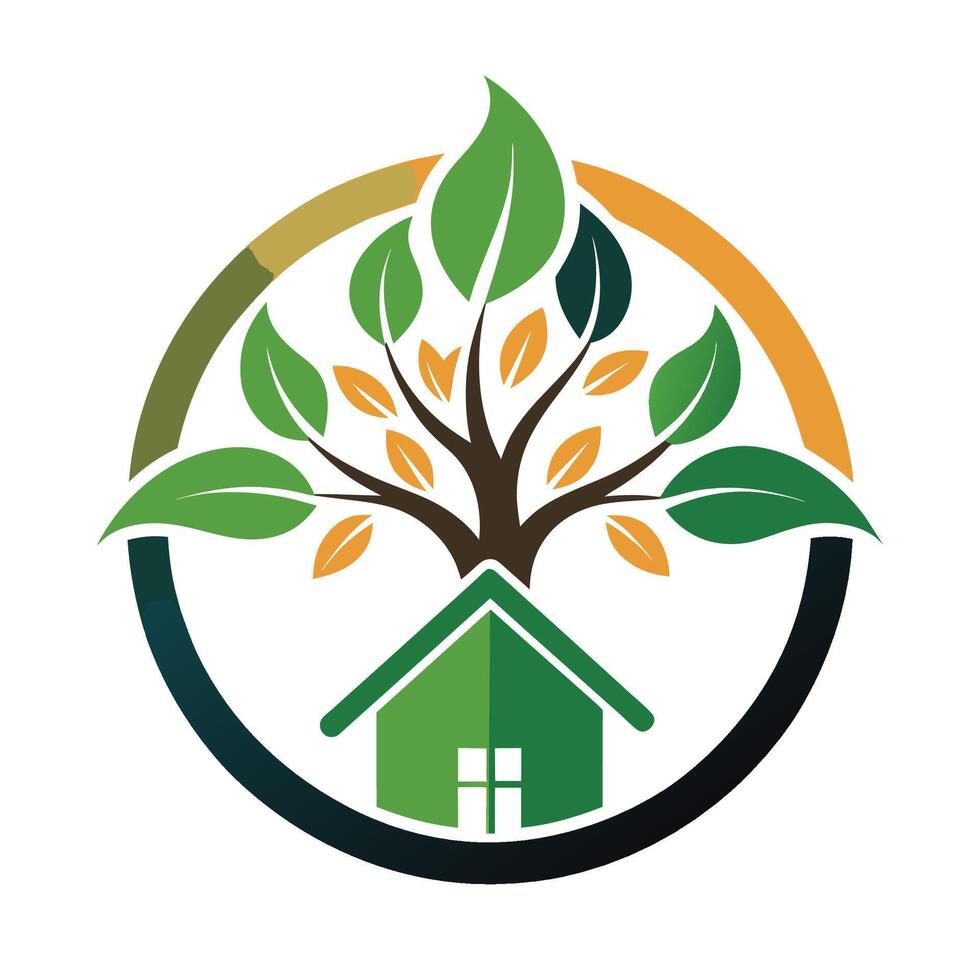 Green Tree and House Logo Design With Circle and Leaves vector