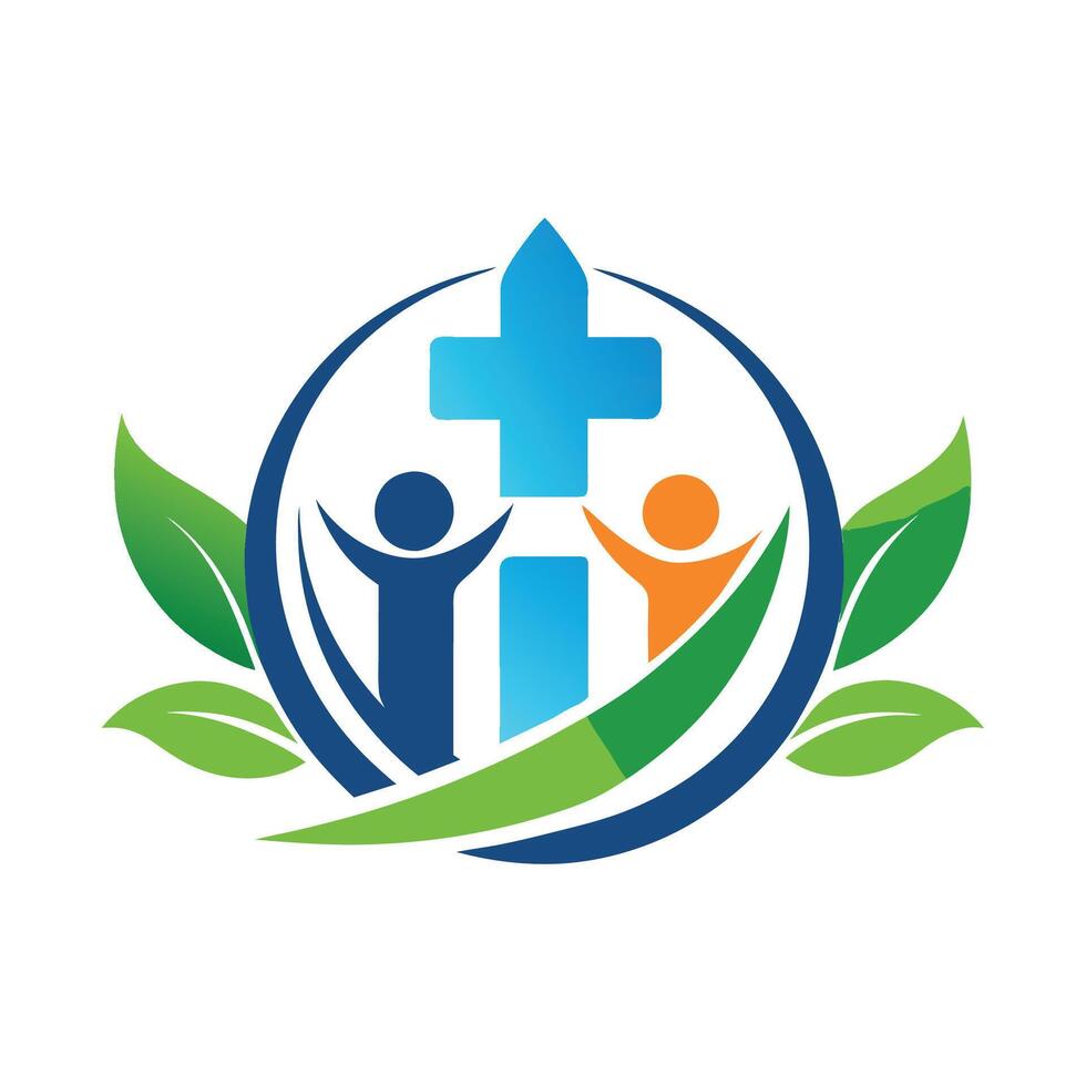 Christian Cross Symbol With People and Leaves Logo Design vector