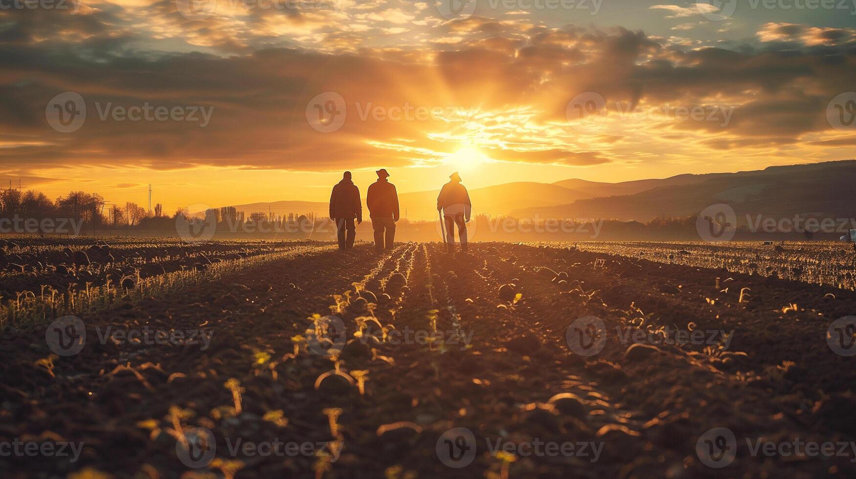 Silhouette of senior farmers walking in the field at sunset. photo