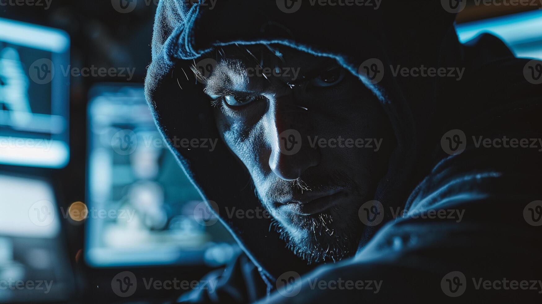 Hacker in hoodie using laptop photo