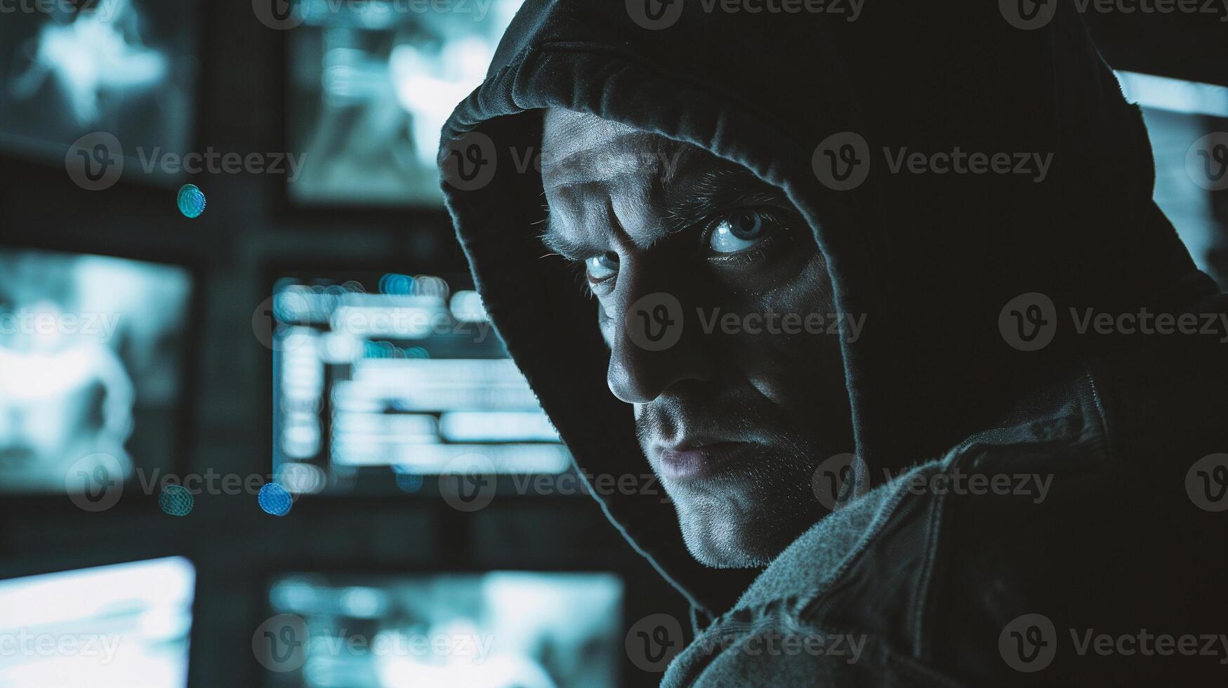 Hacker in hoodie using laptop photo
