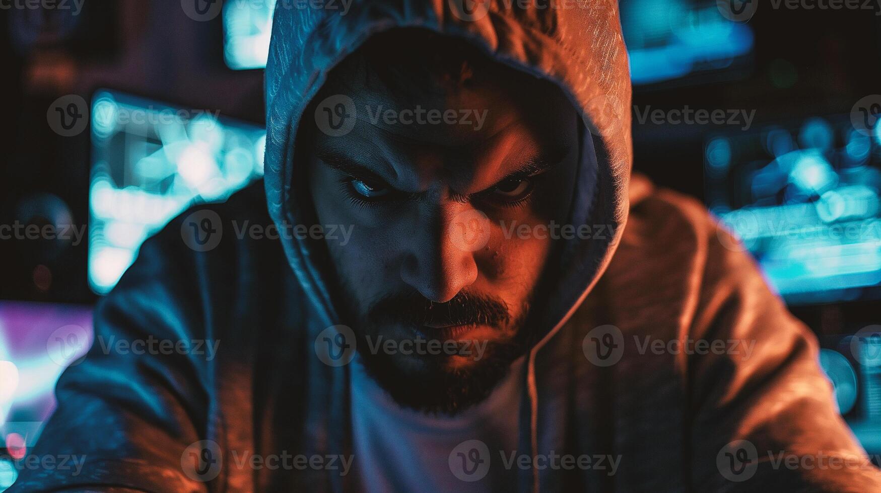 Hacker in hoodie using laptop photo