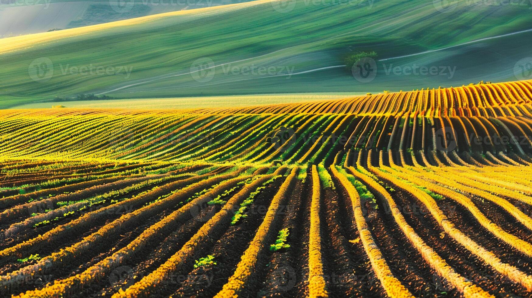Agricultural field with rows of young plants. Agricultural landscape. photo