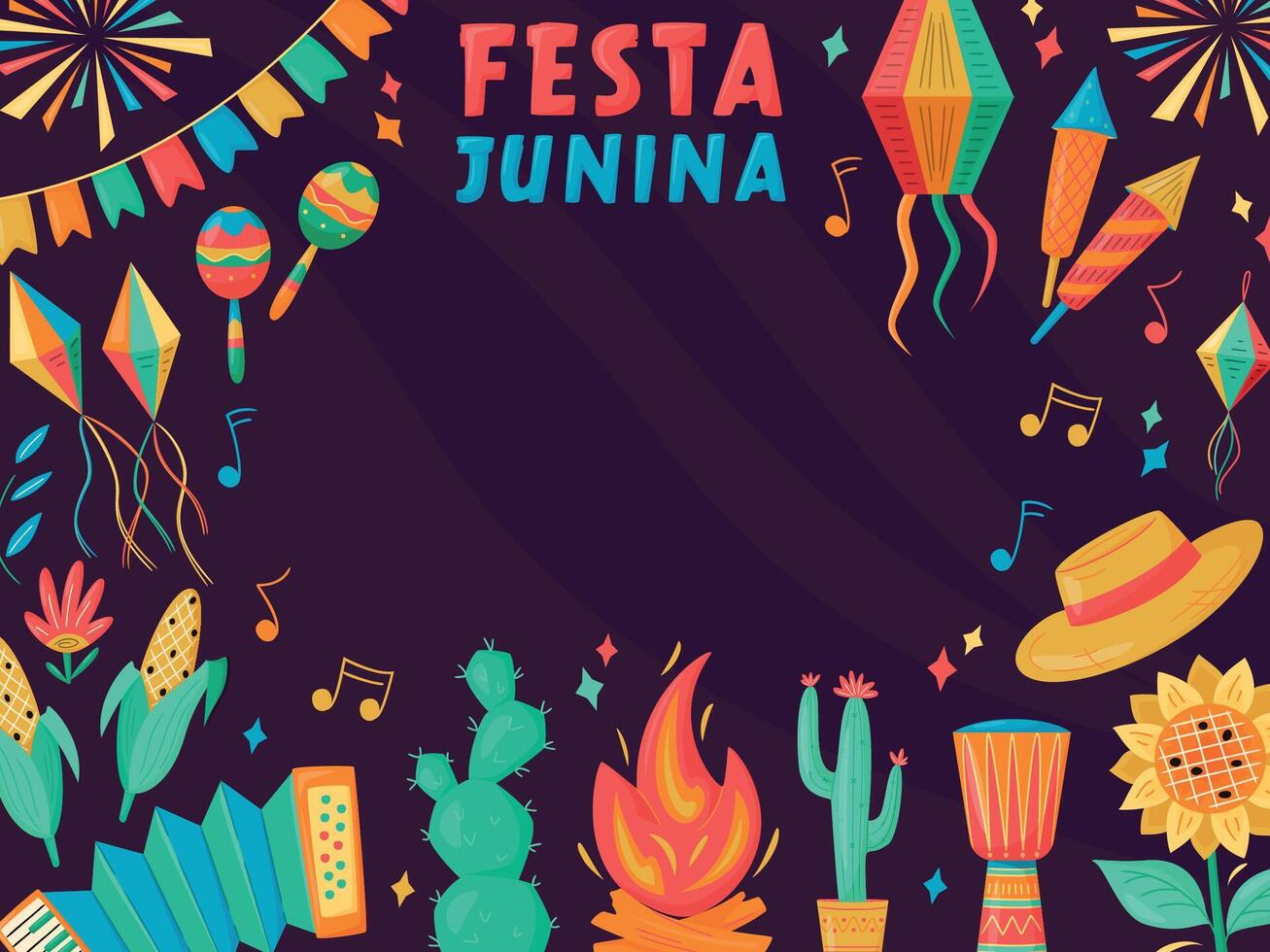 Festa Junina celebration Banner, Poster. Brazil June Festival Design. Folklore Holiday. Guitar, Accordion, Cactus, Sunflower, Campfire on dark background. Festa de Sao Joao vector