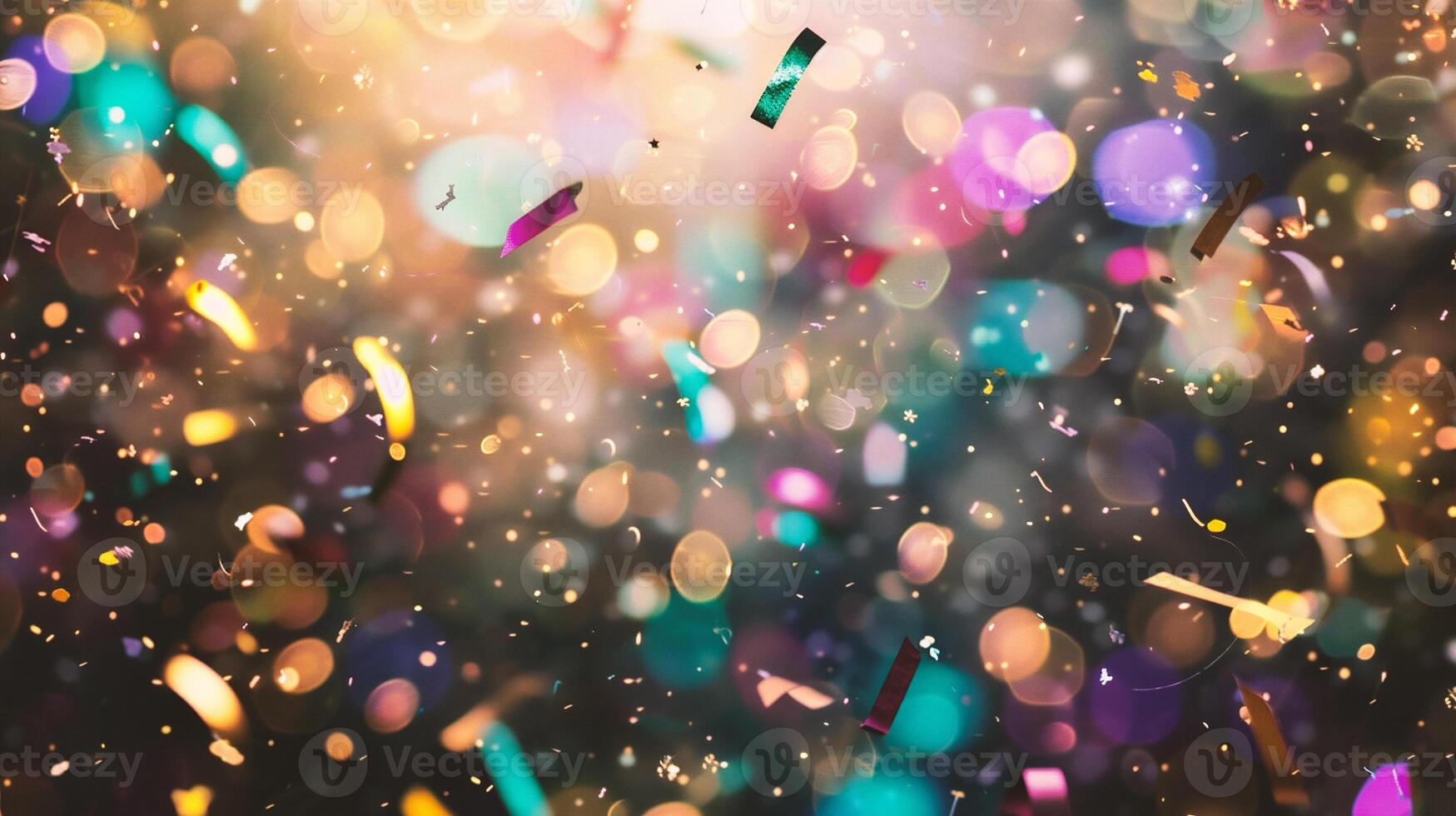 Colorful bokeh background with falling confetti. Holiday concept. photo