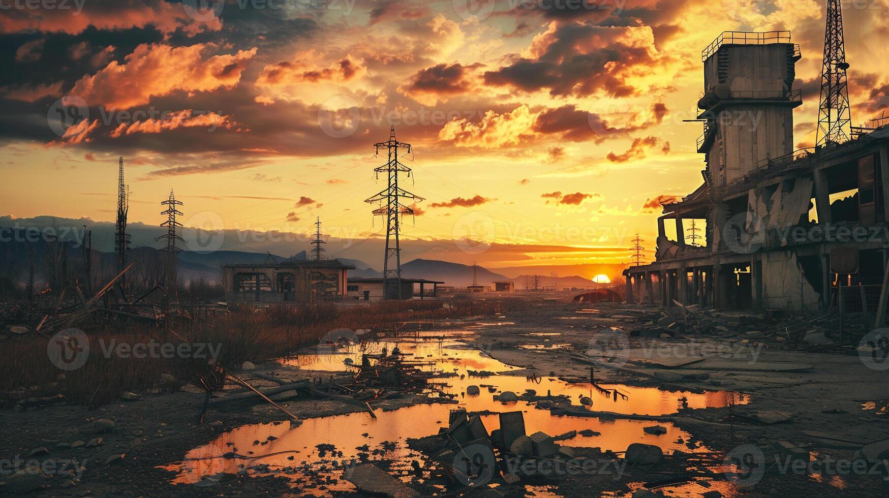 Abandoned industrial area at sunset. Industrial zone in the evening photo