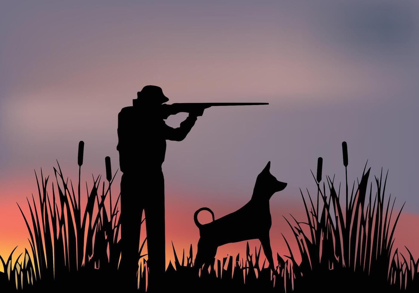 Hunter with dog and rifle hunting at dawn- vector