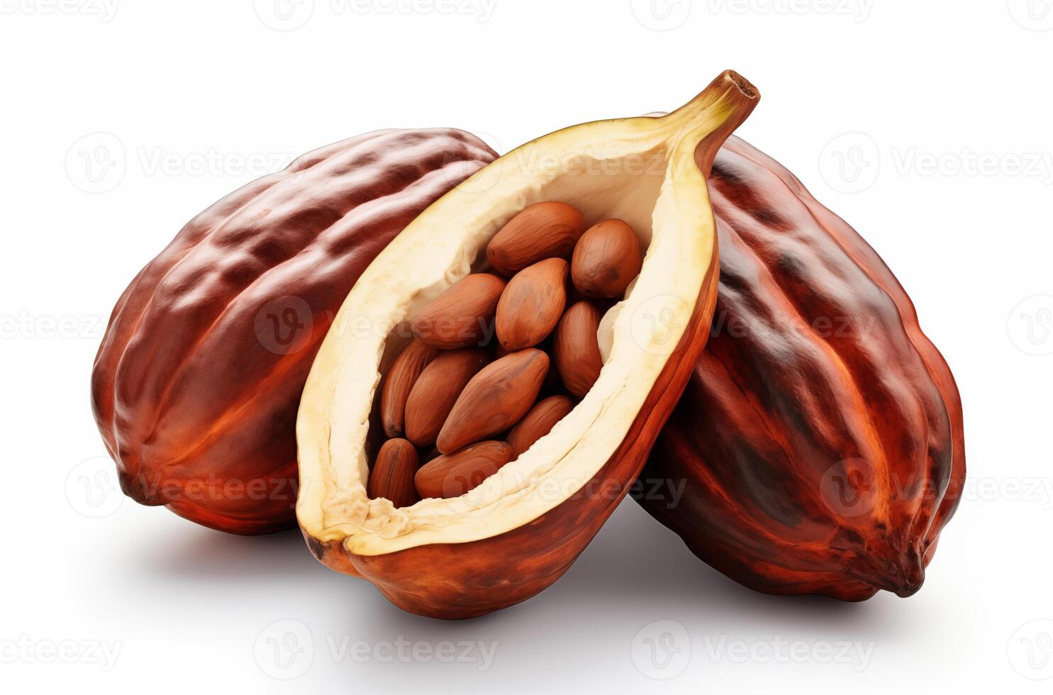 Cocoa beans with cocoa pod isolated on white background photo