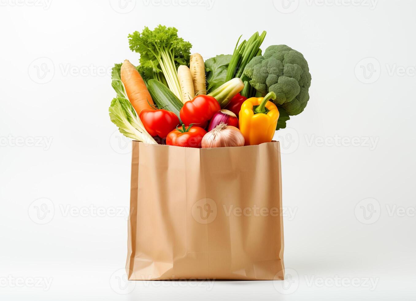 Paper bag with fresh vegetables isolated on white background with copy space photo