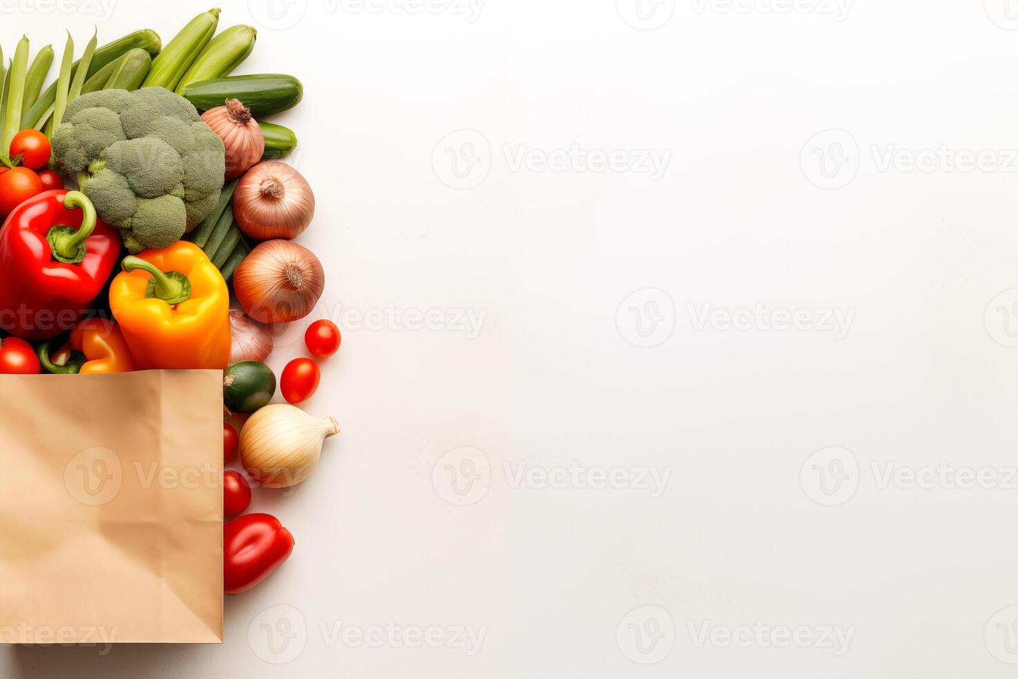 Paper bag with fresh vegetables isolated on white background with copy space, top view photo