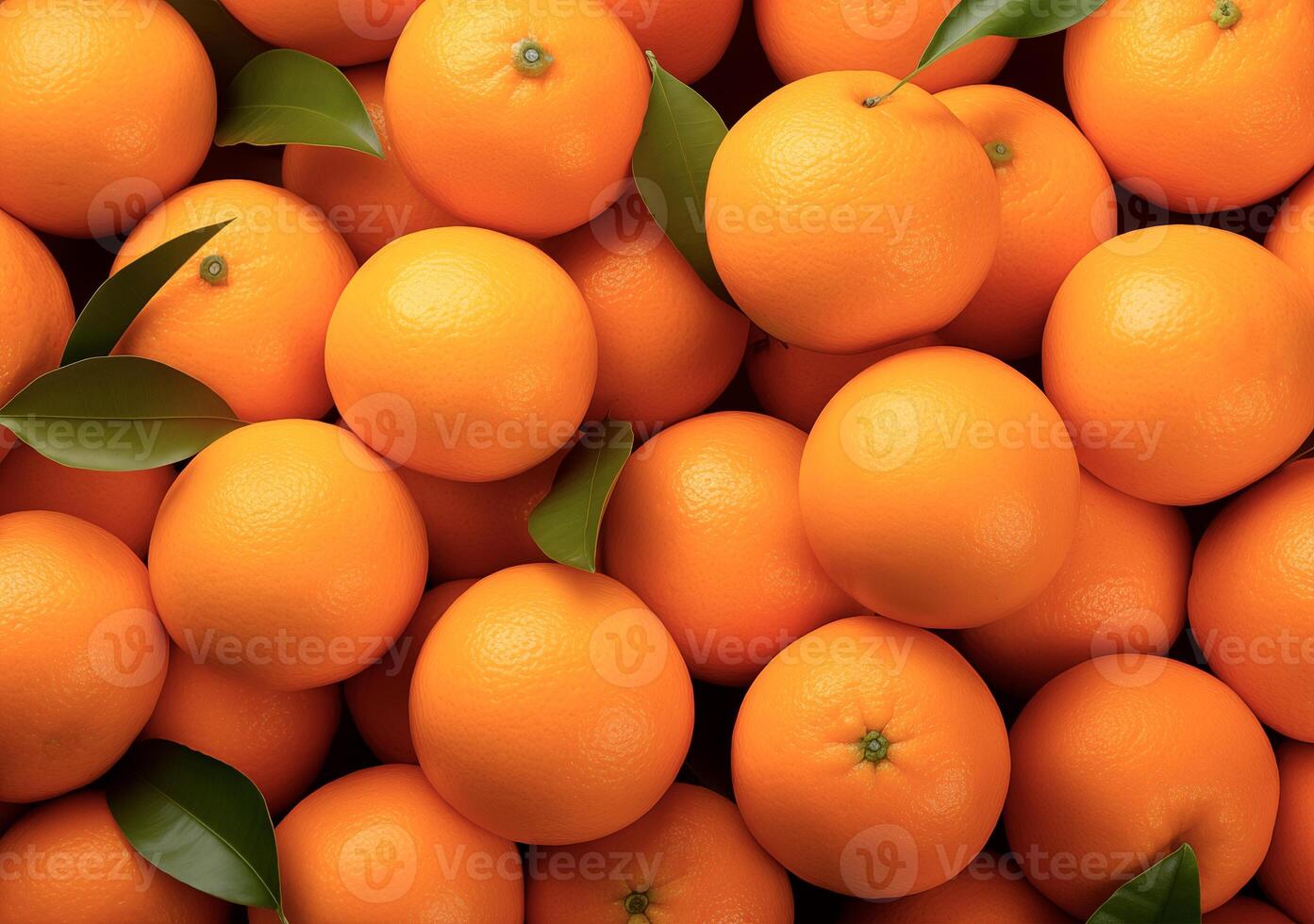 Mandarins with leaves background, top view, heap of citrus fruits photo