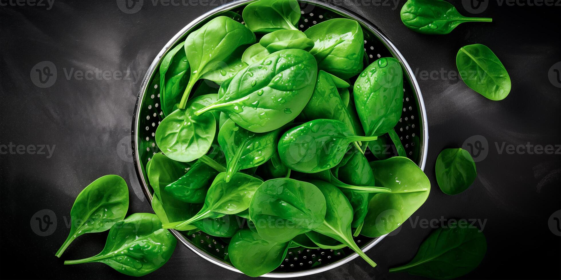 Fresh spinach leaves, top view with copy space photo