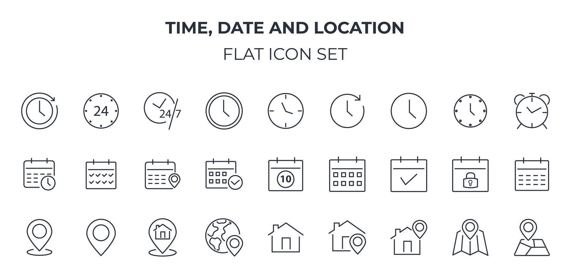 Date, time and location icon set vector