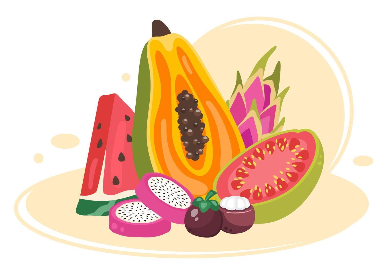 Tropical fruits. Watermelon, dragon fruit, papaya, guava. Juice and Fresh Exotic fruits in peel, half, slices. Fruit clipart. Healthy food. Natural snack. illustration vector