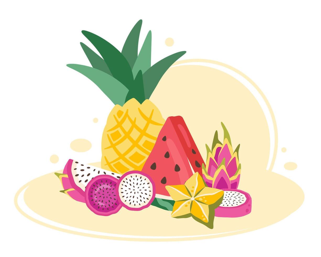 Tropical fruit set. Collection of Fresh Exotic fruits. Natural organic nutrition. Fruit dessert. Healthy food. Pineapple, dragon fruit, watermelon. illustration for labeles, posters, textile vector