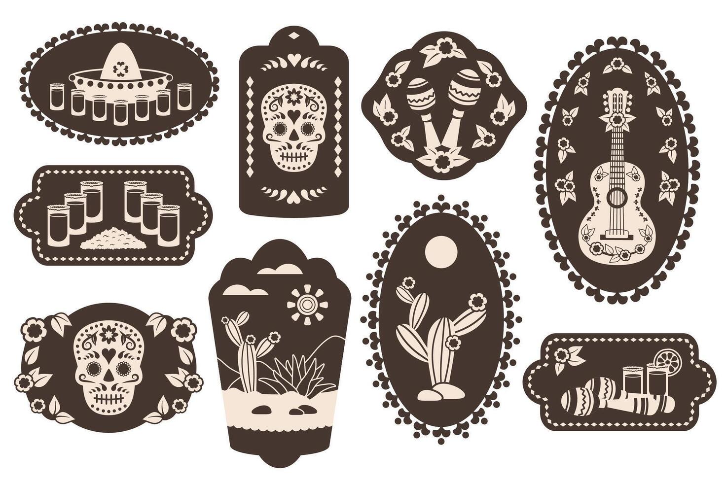 Set of Tequila sticker. Vertical oval Vintage labels with Mexican national elements. Tequila shots. Maracas, guitar, skull, glasses, cactus, hat. illustration for restaurant, menu, bar vector