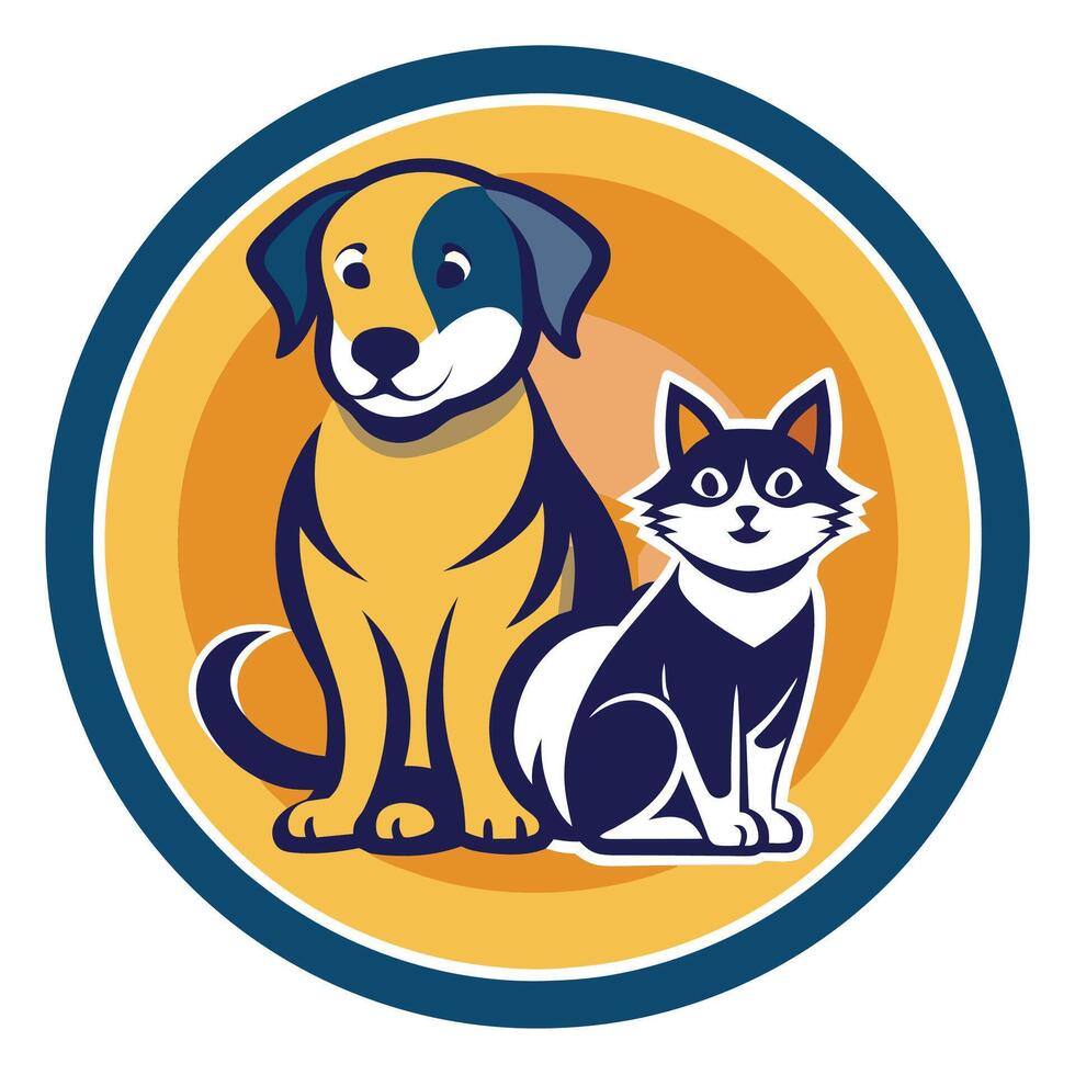 Smiling Dog and Cat Sitting Together in Circular Frame vector