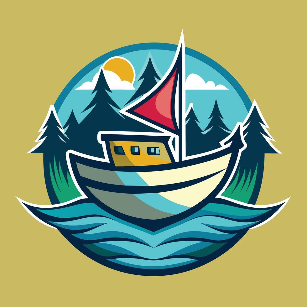 Illustrated Boat Sailing on a Sunny Day in a Forest Setting vector