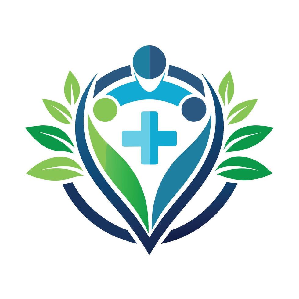 Green Leaf Circle Logo Featuring Three People and a Plus Sign vector
