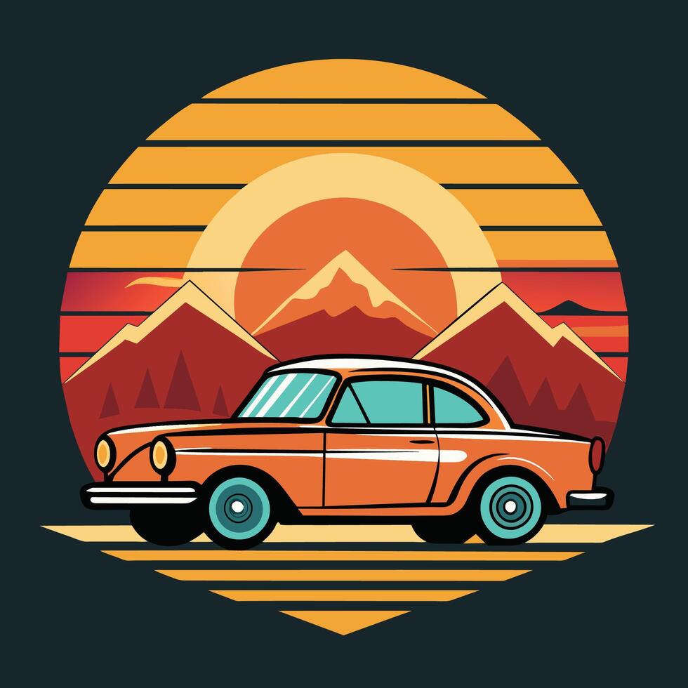Vintage Car Driving Through Mountain Sunset vector