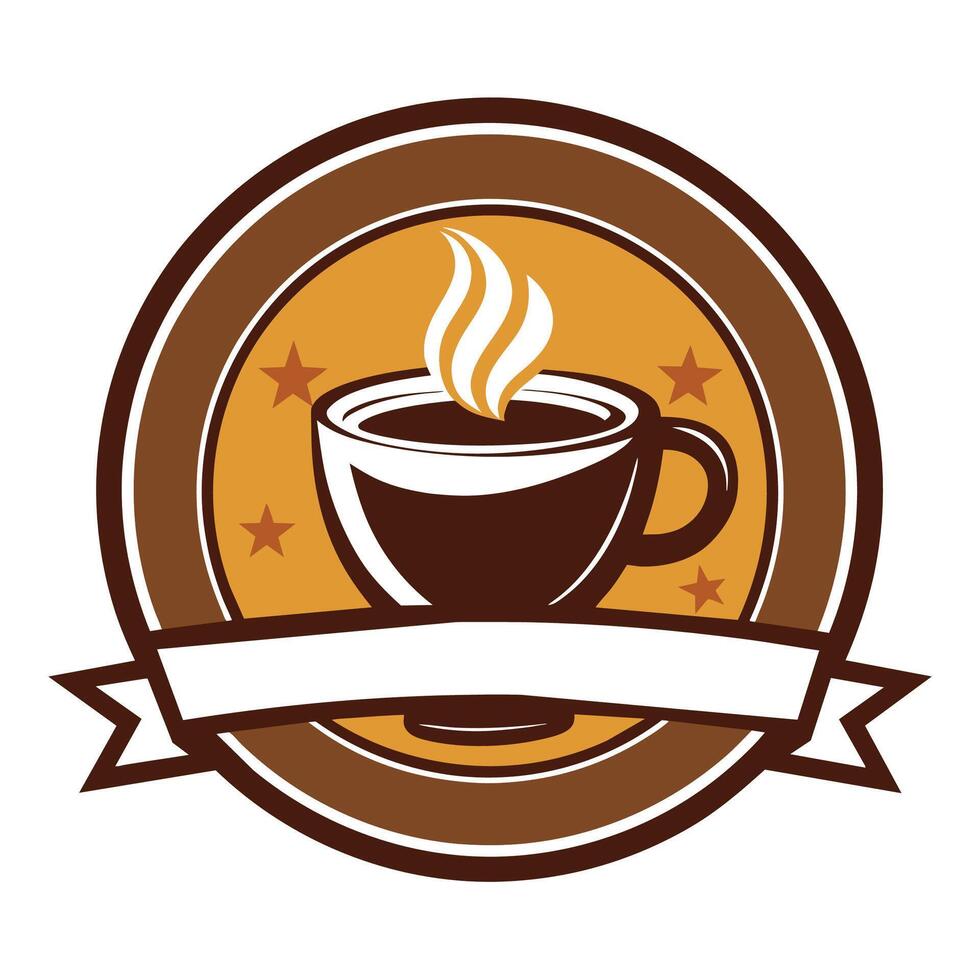 Steaming Cup of Coffee in Brown Circle Badge With Stars vector