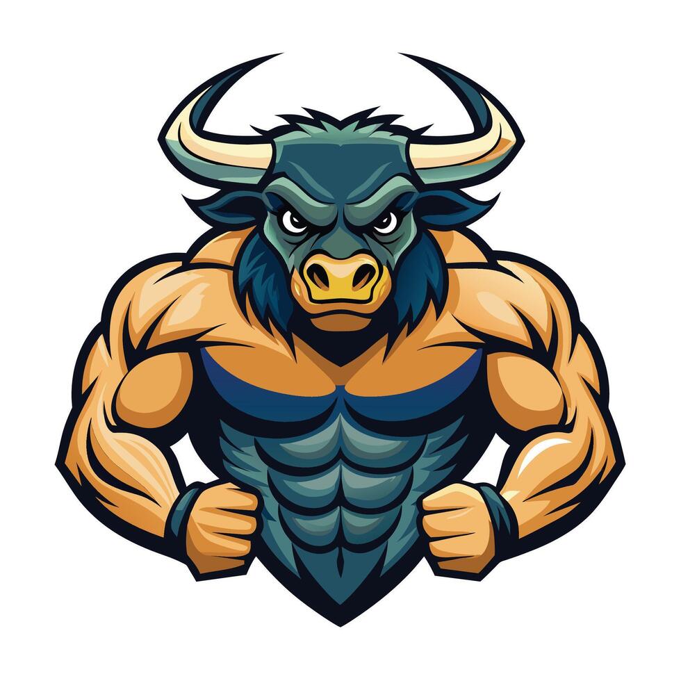 Powerful Blue Bull Mascot Illustration With Muscular Body and Horns vector