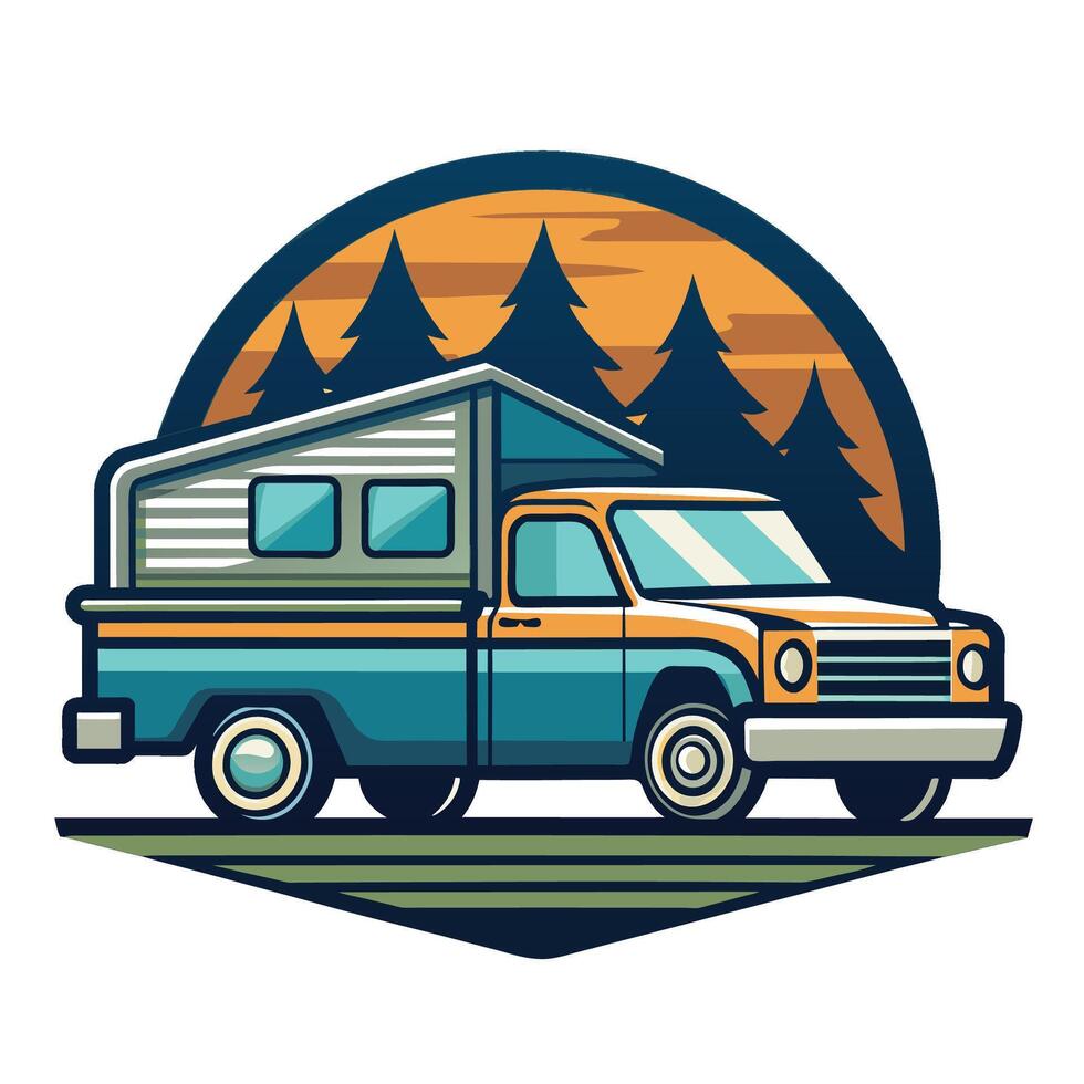 Vintage Camper Van Parked In Front Of Pine Forest At Sunset vector