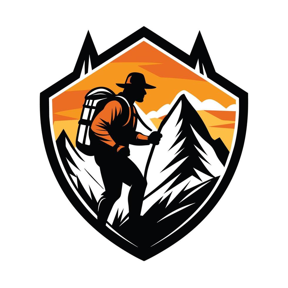 Mountain Climber Silhouette With Backpack and Hiking Stick in Front of a Sunset vector