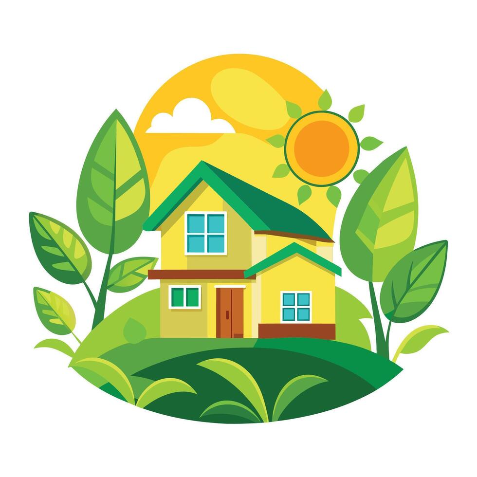 Yellow House With Green Roof and Lush Foliage in Sunny Daytime Setting vector