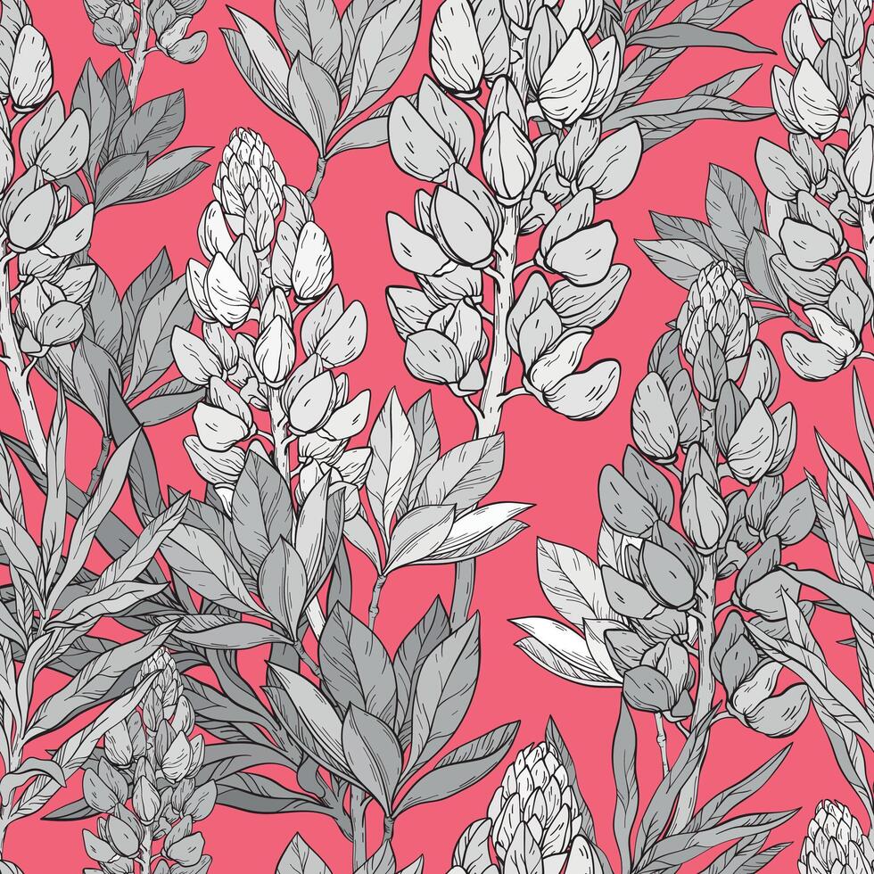 Seamless pattern. Lupine flowers and leaves. vector
