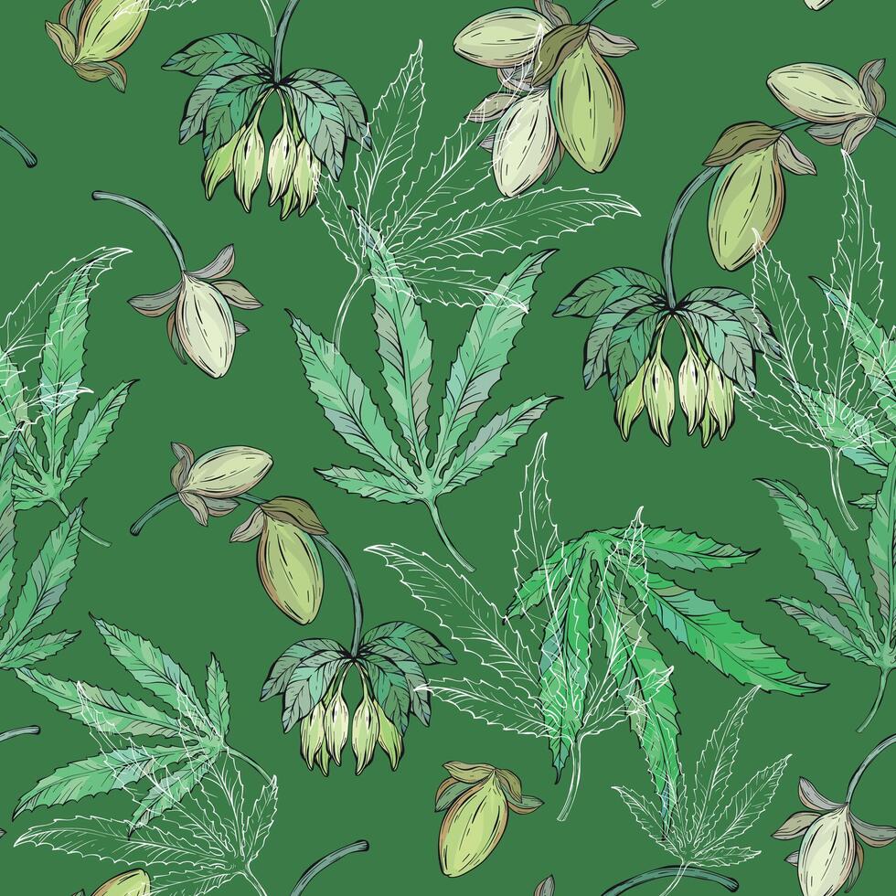 Cannabis leaves seamless pattern. Marijuana sketch drawing seamless pattern vector