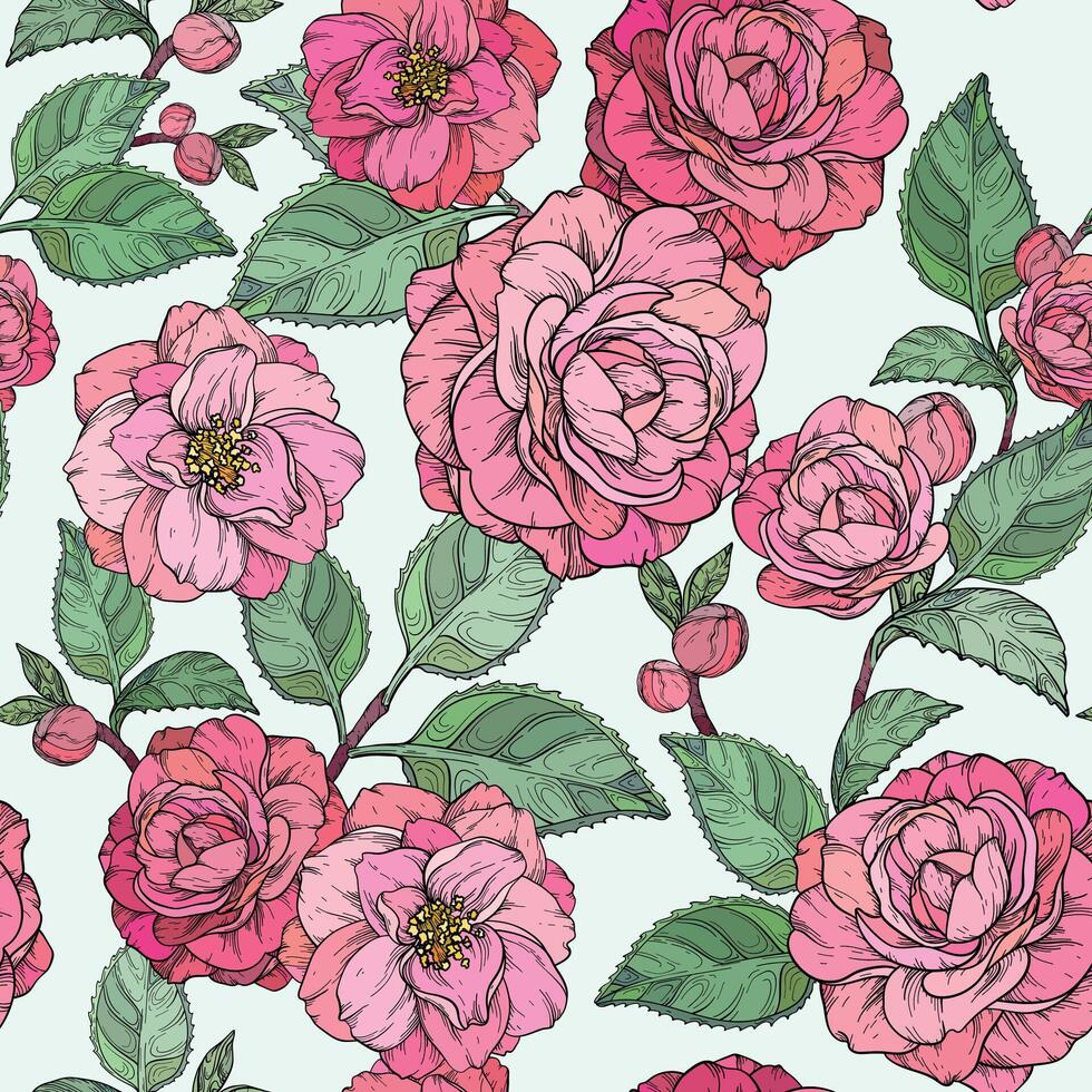 Seamless pattern with Camellia flowers. Camellia and rose flower collection. vector
