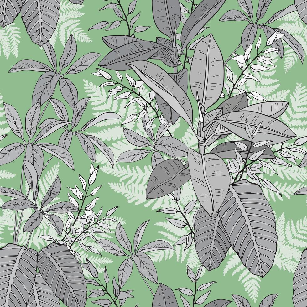 Ficus, palm leaves and tropical plants seamless pattern, tropical foliage, branch on green background vector